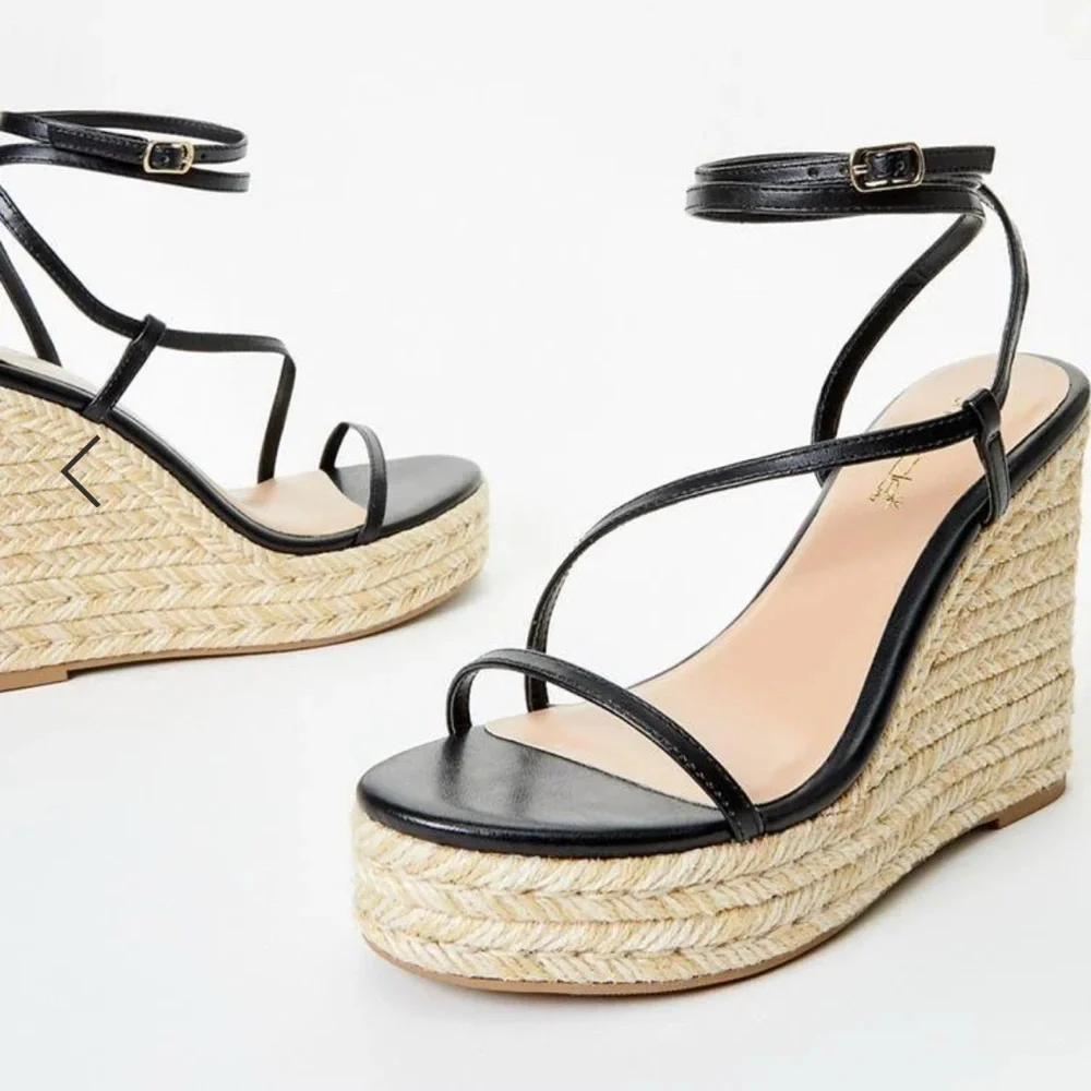 Black Strappy Espadrille Platform Wedge Sandals